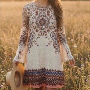 Xhilaration cream boho Floral Lace Dress with Orange & Blue Accents